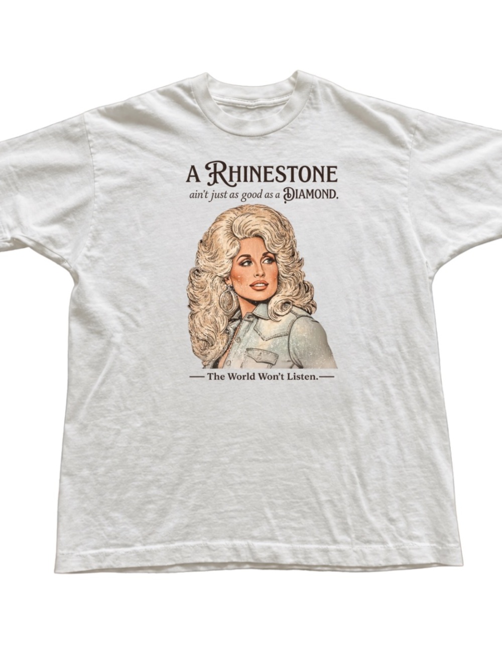 White Women's Graphic Tee with Vintage Dolly Parton Illustration